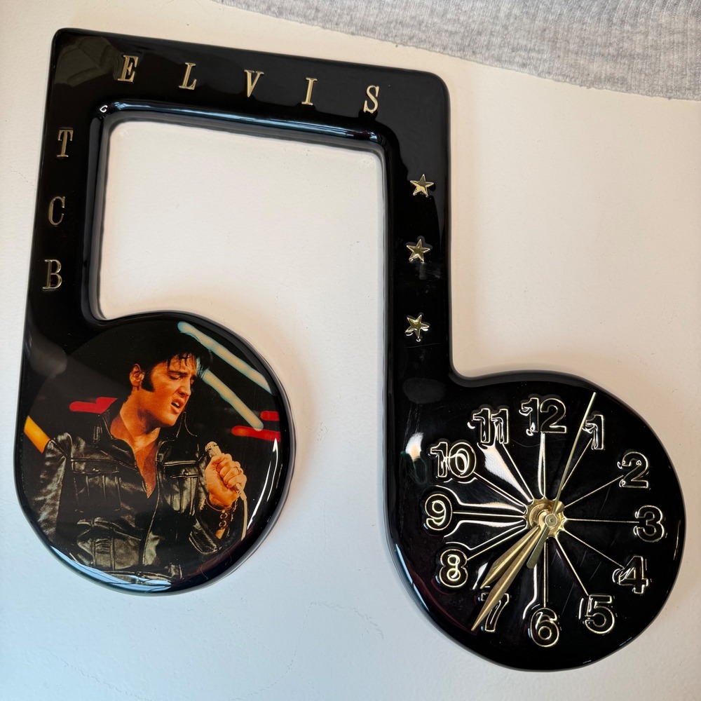 Vintage Elvis Presley Ozark Mountain Clocks Music Note Wall Clock TCB Black Gold
